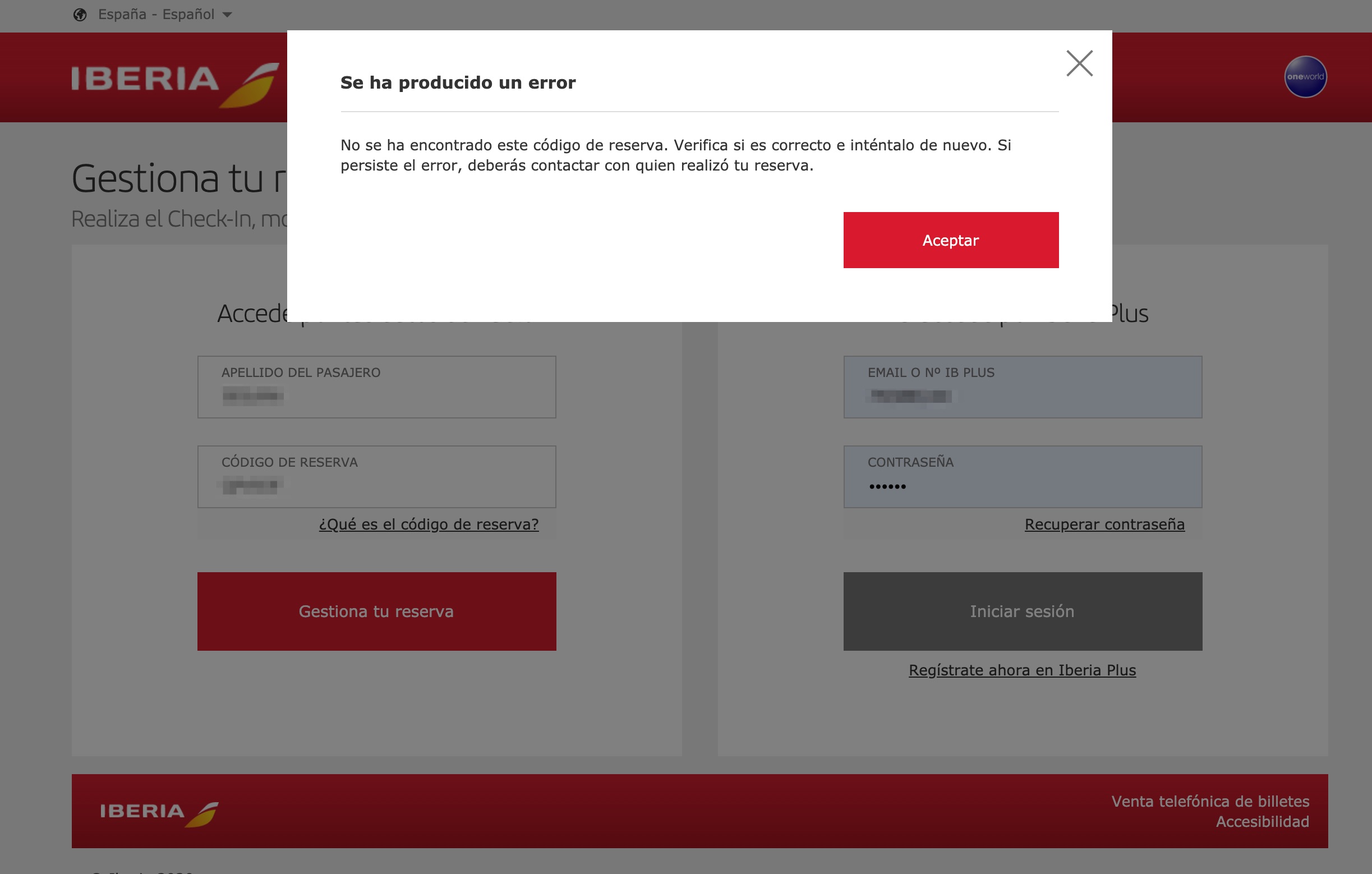 Web de Iberia con el mensaje de error a la hora de comprobar mi reserva